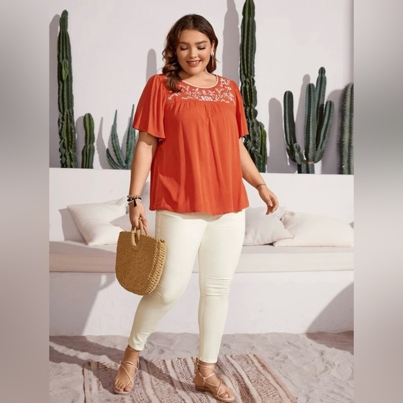 Women’s Plus 3X Embroidered Boho Peasant Blouse Rust Terracotta Orange Fall Top - Picture 8 of 10